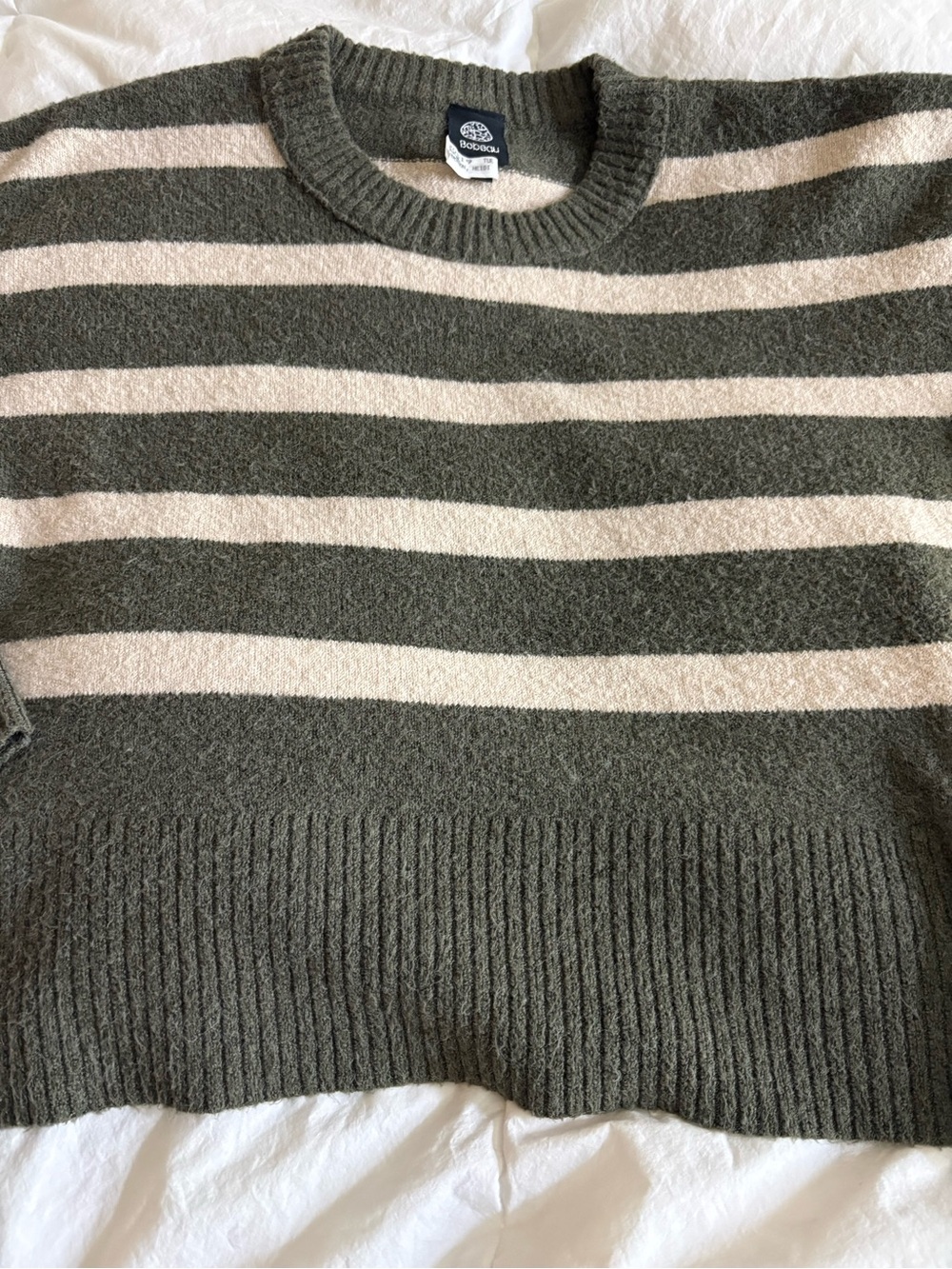 Bobeau Olive & Cream Ribbed Crewneck Sweater